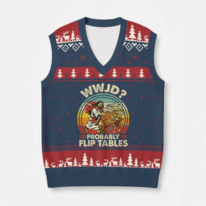 WWJD Probably Flip Tables V-Neck Knit Sweater Vest Retro Christian Humor TS11 Navy Red Print Your Wear