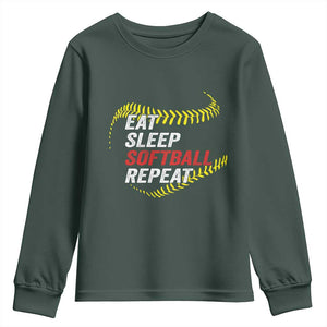 Eat Sleep Softball Repeat Youth Sweatshirt Funny Softball Player TS11 Dark Forest Green Print Your Wear