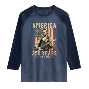 Abraham Lincoln Playing Guitar 4th July US 250th Anniversary Raglan Shirt TS11 Heather Denim Navy Print Your Wear