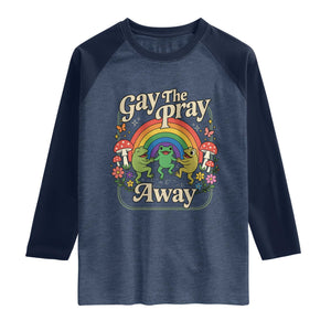 Gay The Pray Away Queer Frog LGBTQ Raglan Shirt TS11 Heather Denim Navy Print Your Wear