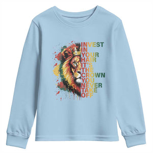 Rasta Lion Youth Sweatshirt Invest In Your Hair It's The Crown You Never Take Off Jamaican Pride TS11 Light Blue Print Your Wear
