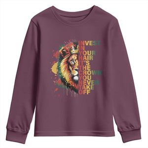 Rasta Lion Youth Sweatshirt Invest In Your Hair It's The Crown You Never Take Off Jamaican Pride TS11 Maroon Print Your Wear