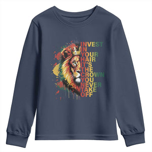Rasta Lion Youth Sweatshirt Invest In Your Hair It's The Crown You Never Take Off Jamaican Pride TS11 Navy Print Your Wear