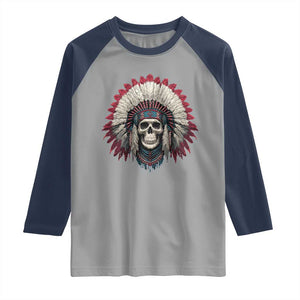 Native American Indian Chief Skull Headdress Raglan Shirt TS11 Sport Gray Navy Print Your Wear
