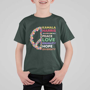 Harris Supporter T Shirt For Kid Peace Love Equality Hope Diversity Retro Flower Peace Sign TS11 Dark Forest Green Print Your Wear