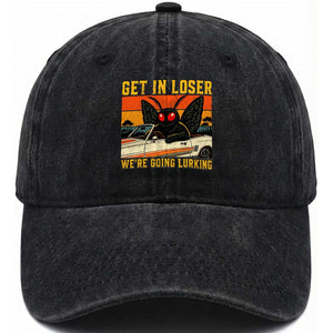 Get In Loser We Are Going Lurking Funny Mothman Washed Cotton Baseball Cap Cryptozoology Cryptid Lover