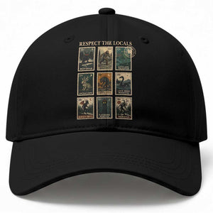 Respect The Locals Cryptids Monster Stamps Baseball Cap Cryptozoology Paranormal Bigfoot Mothman