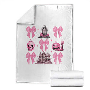 Halloween Throw Blanket Pink Bow Skull Haunted House Coquette Aesthetic TS11 White Print Your Wear