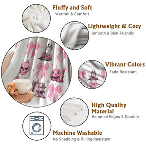 Halloween Throw Blanket Pink Bow Skull Haunted House Coquette Aesthetic TS11 Print Your Wear