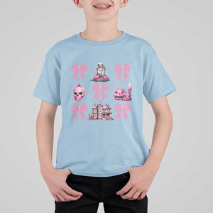 Halloween T Shirt For Kid Pink Bow Skull Haunted House Coquette Aesthetic TS11 Light Blue Print Your Wear