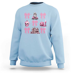 Halloween Sweatshirt Pink Bow Skull Haunted House Coquette Aesthetic TS11 Light Blue Print Your Wear