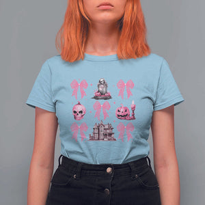 Halloween T Shirt For Women Pink Bow Skull Haunted House Coquette Aesthetic TS11 Light Blue Print Your Wear