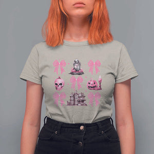 Halloween T Shirt For Women Pink Bow Skull Haunted House Coquette Aesthetic TS11 Sand Print Your Wear