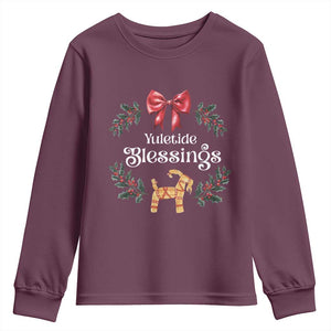 Yuletide Blessings Youth Sweatshirt Yule Goat Winter Solstice Christmas Wreath TS11 Maroon Print Your Wear