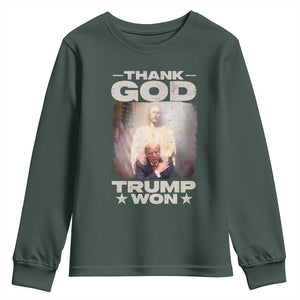 Thank God Trump Won 2024 Youth Sweatshirt Christian Jesus Bible The 47th US President TS11 Dark Forest Green Print Your Wear