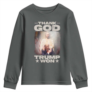 Thank God Trump Won 2024 Youth Sweatshirt Christian Jesus Bible The 47th US President TS11 Dark Heather Print Your Wear