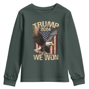 Trump We Won 2024 Youth Sweatshirt Vintage Eagle American Flag TS11 Dark Forest Green Print Your Wear