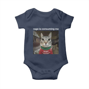 Rage Is Consuming Me Christmas Baby Onesie Funny Silly Staring Cat Meme Xmas Ugly Sweater TS11 Navy Print Your Wear