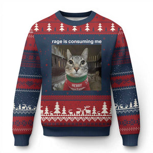 Rage Is Consuming Me Xmas Ugly Christmas Sweater Funny Silly Staring Cat Meme Xmas Ugly Sweater TS11 Navy Red Print Your Wear