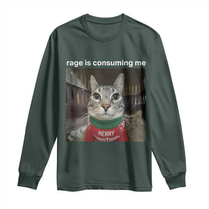 Rage Is Consuming Me Christmas Long Sleeve Shirt Funny Silly Staring Cat Meme Xmas Ugly Sweater TS11 Dark Forest Green Print Your Wear