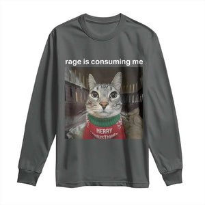 Rage Is Consuming Me Christmas Long Sleeve Shirt Funny Silly Staring Cat Meme Xmas Ugly Sweater TS11 Dark Heather Print Your Wear