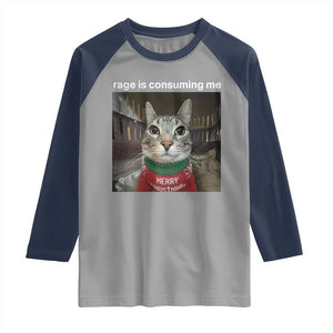Rage Is Consuming Me Christmas Raglan Shirt Funny Silly Staring Cat Meme Xmas Ugly Sweater TS11 Sport Gray Navy Print Your Wear