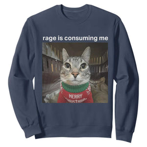 Rage Is Consuming Me Christmas Sweatshirt Funny Silly Staring Cat Meme Xmas Ugly Sweater TS11 Navy Print Your Wear