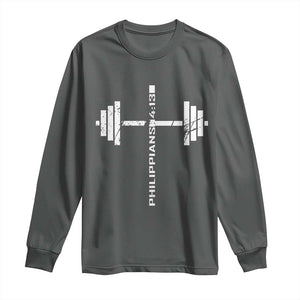 Christian Bible Gym Long Sleeve Shirt Jesus Weightlifter Workout Faith Philippians 4 13 TS11 Dark Heather Print Your Wear