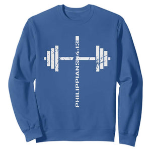 Christian Bible Gym Sweatshirt Jesus Weightlifter Workout Faith Philippians 4 13 TS11 Royal Blue Print Your Wear