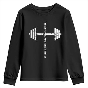 Christian Bible Gym Youth Sweatshirt Jesus Weightlifter Workout Faith Philippians 4 13 TS11 Black Print Your Wear