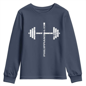 Christian Bible Gym Youth Sweatshirt Jesus Weightlifter Workout Faith Philippians 4 13 TS11 Navy Print Your Wear
