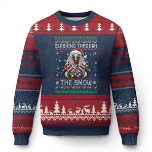 Funny Terrifier Xmas Santa Ugly Christmas Sweater Slashing Through The Snow Xmas Horror Movie TS11 Navy Red Print Your Wear