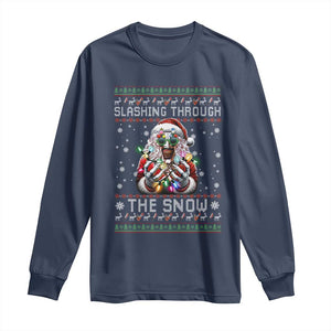 Funny Terrifier Christmas Santa Long Sleeve Shirt Slashing Through The Snow Xmas Horror Movie TS11 Navy Print Your Wear