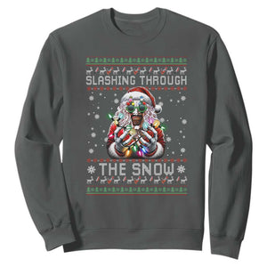 Funny Terrifier Christmas Santa Sweatshirt Slashing Through The Snow Xmas Horror Movie TS11 Dark Heather Print Your Wear