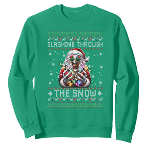 Funny Terrifier Christmas Santa Sweatshirt Slashing Through The Snow Xmas Horror Movie TS11 Irish Green Print Your Wear