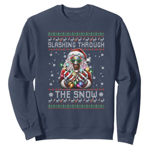 Funny Terrifier Christmas Santa Sweatshirt Slashing Through The Snow Xmas Horror Movie TS11 Navy Print Your Wear