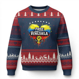 Free Venezuela Ugly Christmas Sweater Freedom Venezuelan Flag Hand Fist Graphic TS11 Navy Red Print Your Wear