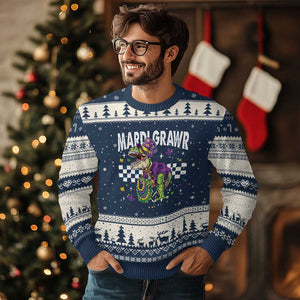 Funny Mardi Gras T-rex Dinosaur Ugly Christmas Sweater Mardi Grawr Beads Carnival Party TS11 Navy Beige Print Your Wear
