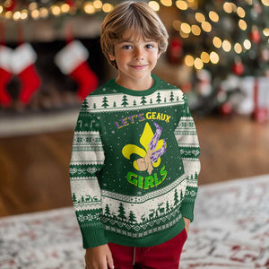 Funny Mardi Gras Cowgirl Ugly Christmas Sweater Let's Geaux Girls Fleur De Lys TS11 Forest Green Beige Print Your Wear