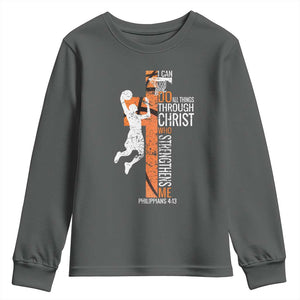 Funny Basketball Christian Youth Sweatshirt I Can Do All Things Through Christ Who Strengthens Me TS11 Dark Heather Print Your Wear