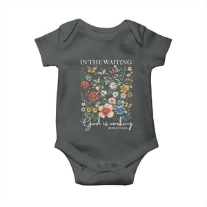 In The Waiting God Is Working Baby Onesie Religious Christian Bible Verse Flower TS11 Dark Heather Print Your Wear