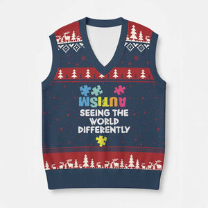 Autism Seeing The World Differently V-Neck Knit Sweater Vest Autistic Autism Awareness Puzzle TS11 Navy Red Print Your Wear