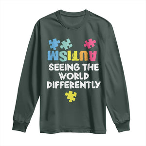 Autism Seeing The World Differently Long Sleeve Shirt Autistic Autism Awareness Puzzle TS11 Dark Forest Green Print Your Wear