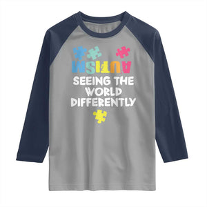 Autism Seeing The World Differently Raglan Shirt Autistic Autism Awareness Puzzle TS11 Sport Gray Navy Print Your Wear