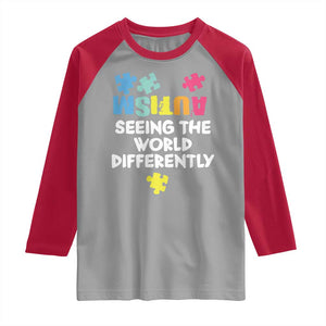 Autism Seeing The World Differently Raglan Shirt Autistic Autism Awareness Puzzle TS11 Sport Gray Red Print Your Wear