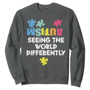 Autism Seeing The World Differently Sweatshirt Autistic Autism Awareness Puzzle TS11 Dark Heather Print Your Wear