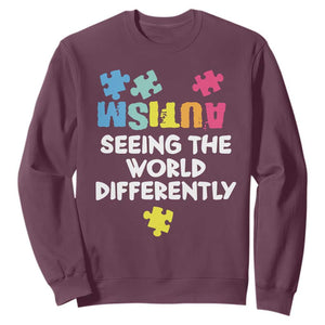 Autism Seeing The World Differently Sweatshirt Autistic Autism Awareness Puzzle TS11 Maroon Print Your Wear