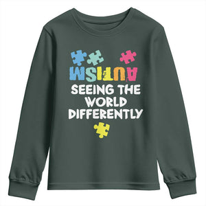 Autism Seeing The World Differently Youth Sweatshirt Autistic Autism Awareness Puzzle TS11 Dark Forest Green Print Your Wear