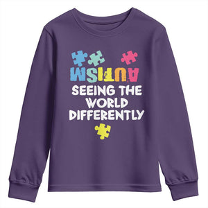 Autism Seeing The World Differently Youth Sweatshirt Autistic Autism Awareness Puzzle TS11 Purple Print Your Wear