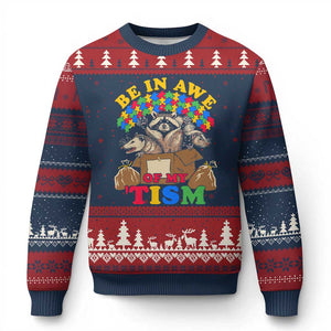 Funny Autism Awareness Ugly Christmas Sweater Be In Awe Of My 'Tism Autistic Raccoon Opossum Skunk TS11 Navy Red Print Your Wear